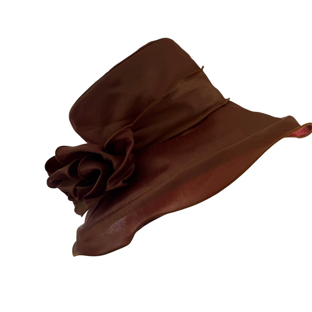 Giovannio New York Brown Dress Hat Wide Brim Fabric Flower Church Derby Formal